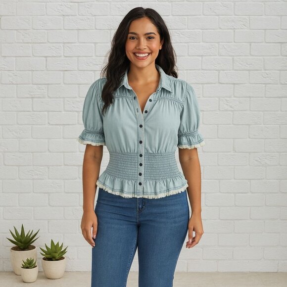 Pilcro Smocked Peplum Puff Sleeve Top Coquette Soft Romantic Dainty Cottagecore - Picture 4 of 10